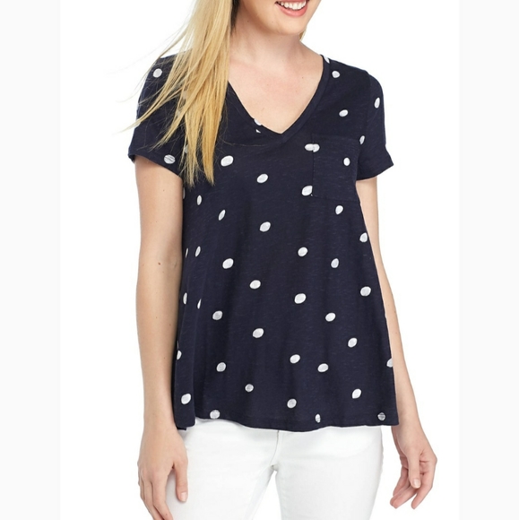 crown & ivy Tops - Crown & Ivy Polka Dot Navy Blue Pocket Tee Size S